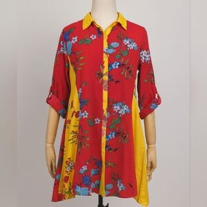 CALESSA Long Tunic Top Shirt Dress Button Up Abstract Artsy Pockets Size 2XL